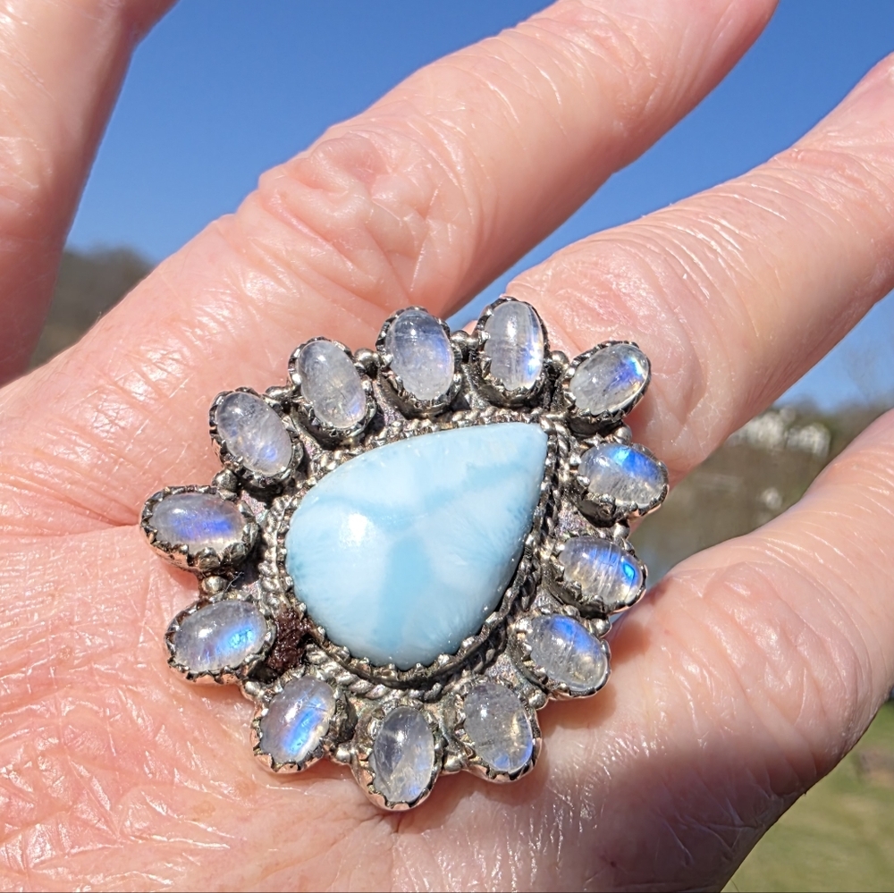 Larimar & Moonstone Gemstone Ring in 925 Sterling Silver (Size 9.25 - fits 9)